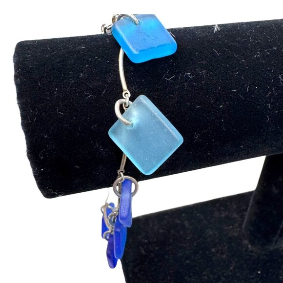 Vtg Sea Glass Charm Bracelet Sterling Silver Blue Ombré Coastal Jewelry Beach - Picture 1 of 8